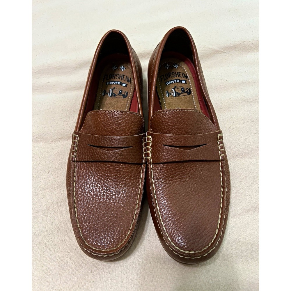 NEW Florsheim Driver Mens 8.5 Brown Pebbled Leather Penny Loafer Moc Slip On